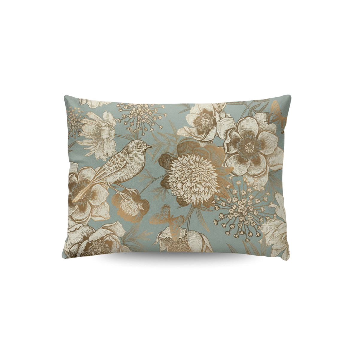 Das Zelesta Wonderbed Kissenbezüge Set von 2 - Botanic Chique umfasst rechteckige 80x80-Kissenbezüge aus superweicher Mikrofaser mit hellblauem Hintergrund und Blumen-Vogel-Muster in Beige und Gold, waschmaschinengeeignet.