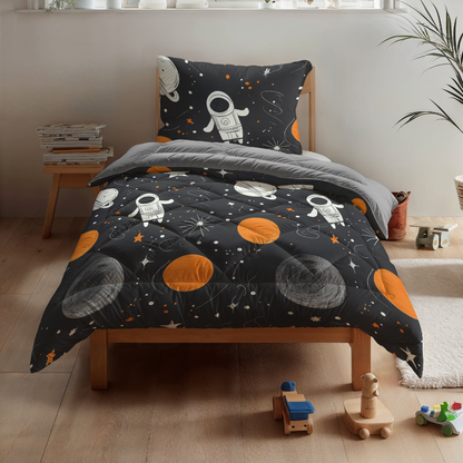 Das Zelesta Kiddybed Baumwolle - Space Man mit temperaturregulierendem Bettzeug und schwarzen Astronauten-, Planeten- und Sternenmotiven steht in einem Kinderzimmer mit Holzfußboden und Spielzeug.