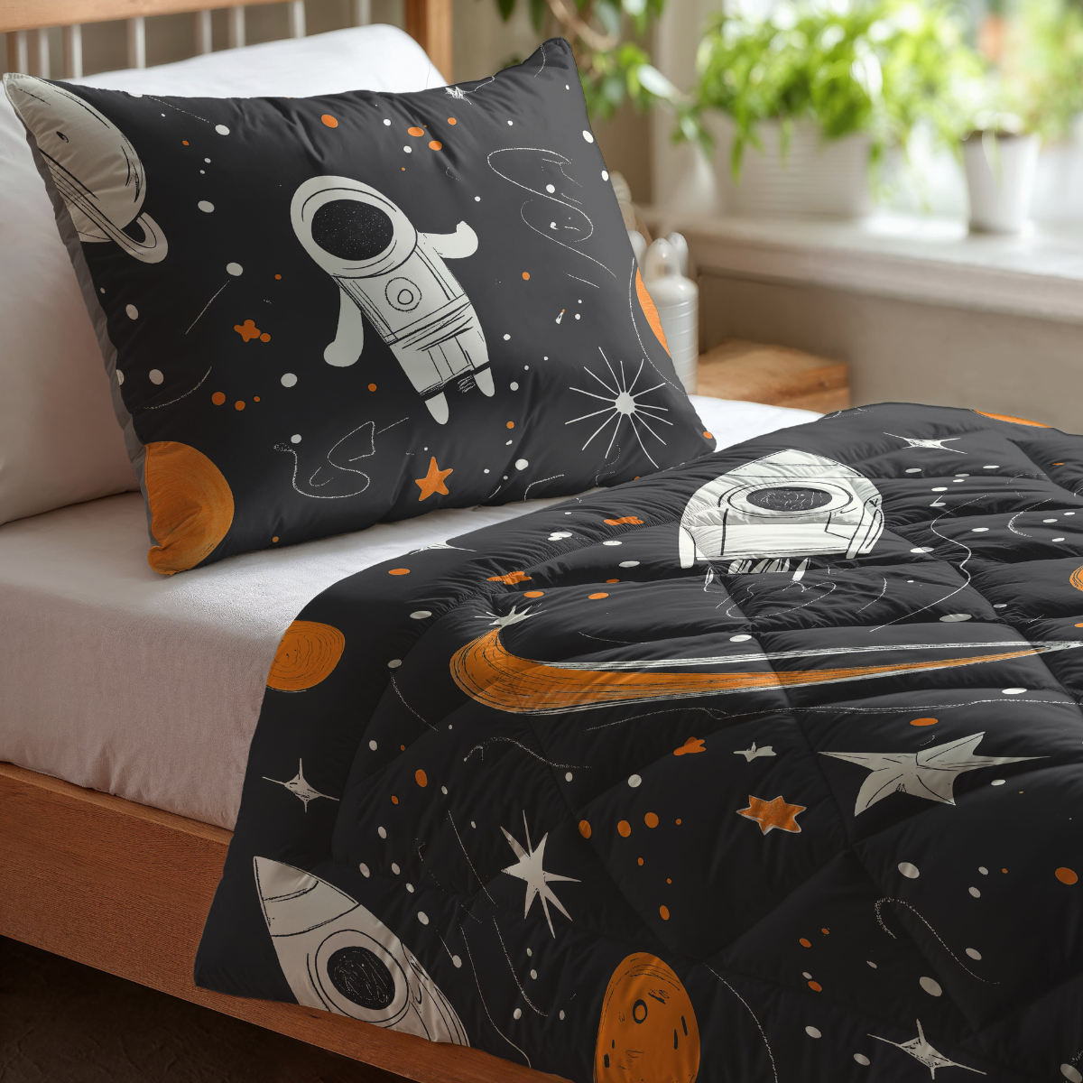 Das Zelesta Kiddybed Baumwolle - Space Man besteht aus einem waschbaren Kissen und einer Decke mit einem schwarzen, orangefarbenen und weißen Weltraummotiv mit Astronauten, Raketen, Planeten und Sternen, das sich leicht pflegen lässt.