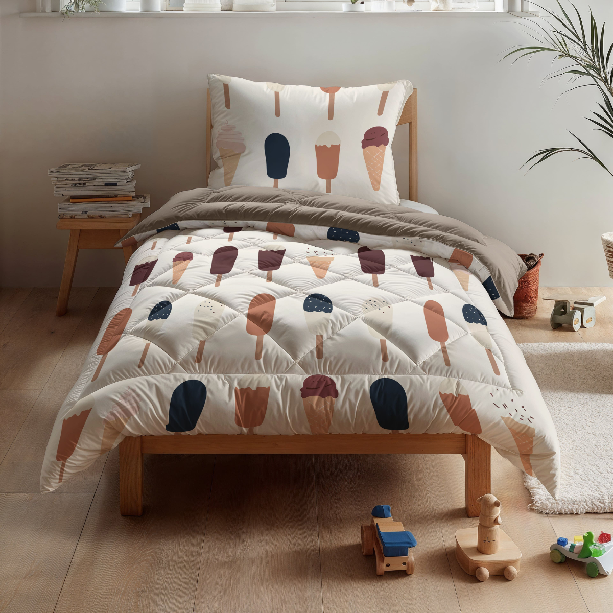 Ein hübsch gemachtes Einzelbett mit dem Zelesta Kiddybed Baumwolle - Gelato und Eiscreme in einem Kinderzimmer, mit Holzboden, Spielzeug und einem Stapel Bücher neben dem Bett.