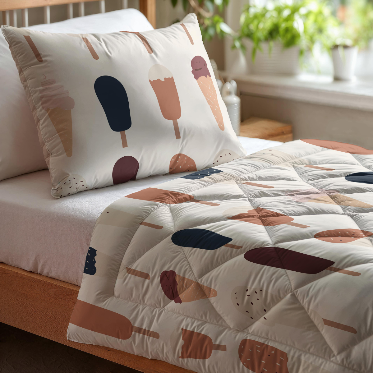 Ein Zelesta Kiddybed Baumwolle - Gelato mit einem Kissen und einer Bettdecke mit Popsicle- und Eiscreme-Motiven, platziert an einem Fenster mit Grünpflanzen.
