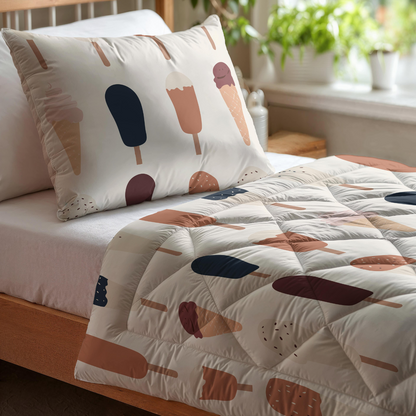 Ein Zelesta Kiddybed Baumwolle - Gelato mit einem Kissen und einer Bettdecke mit Popsicle- und Eiscreme-Motiven, platziert an einem Fenster mit Grünpflanzen.