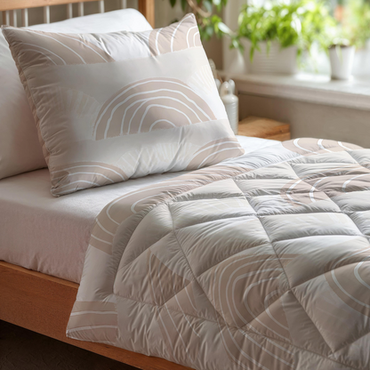 Das Zelesta Kiddybed Baumwolle - Dune Dreams ist ein sauber verarbeitetes, hypoallergenes Kinderbett mit beigefarbenem Kissen und Bettdecke, das in der Nähe eines mit Topfpflanzen geschmückten Fensters steht.