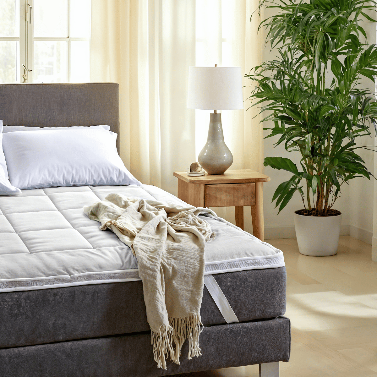 Ein ordentlich gemachtes Bett mit einer weißen Decke und dem Zelesta Topper mit Blue Cell Technology, daneben ein Nachttisch mit einer Lampe und einer großen Topfpflanze in einem hellen, sonnenbeschienenen Schlafzimmer.