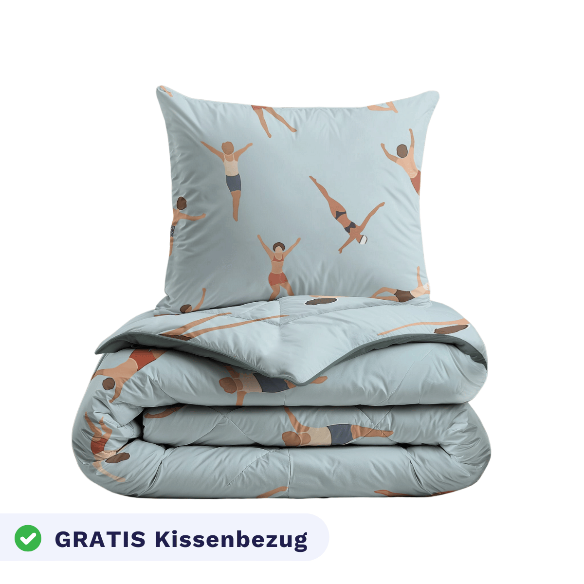 Ein gefaltetes Zelesta Kiddybed Baumwolle - Swimmers Bettdecke und passendes Kissen mit einem hellblauen Bezug mit Schwimmern, hypoallergen, und enthält einen Kissenbezug mit der Aufschrift "GRATIS Kissenbezug" in Deutsch.