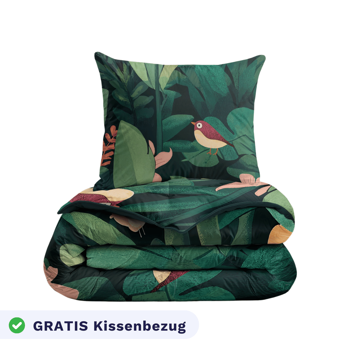 Das Zelesta Kiddybed Baumwolle - Jungle Journey Bettwäscheset mit grünem Blätter- und Vogeldruck enthält einen Bettbezug und einen Kopfkissenbezug. Ideal als Kinder-Bettwäsche - Text auf Deutsch: GRATIS Kissenbezug ✅.