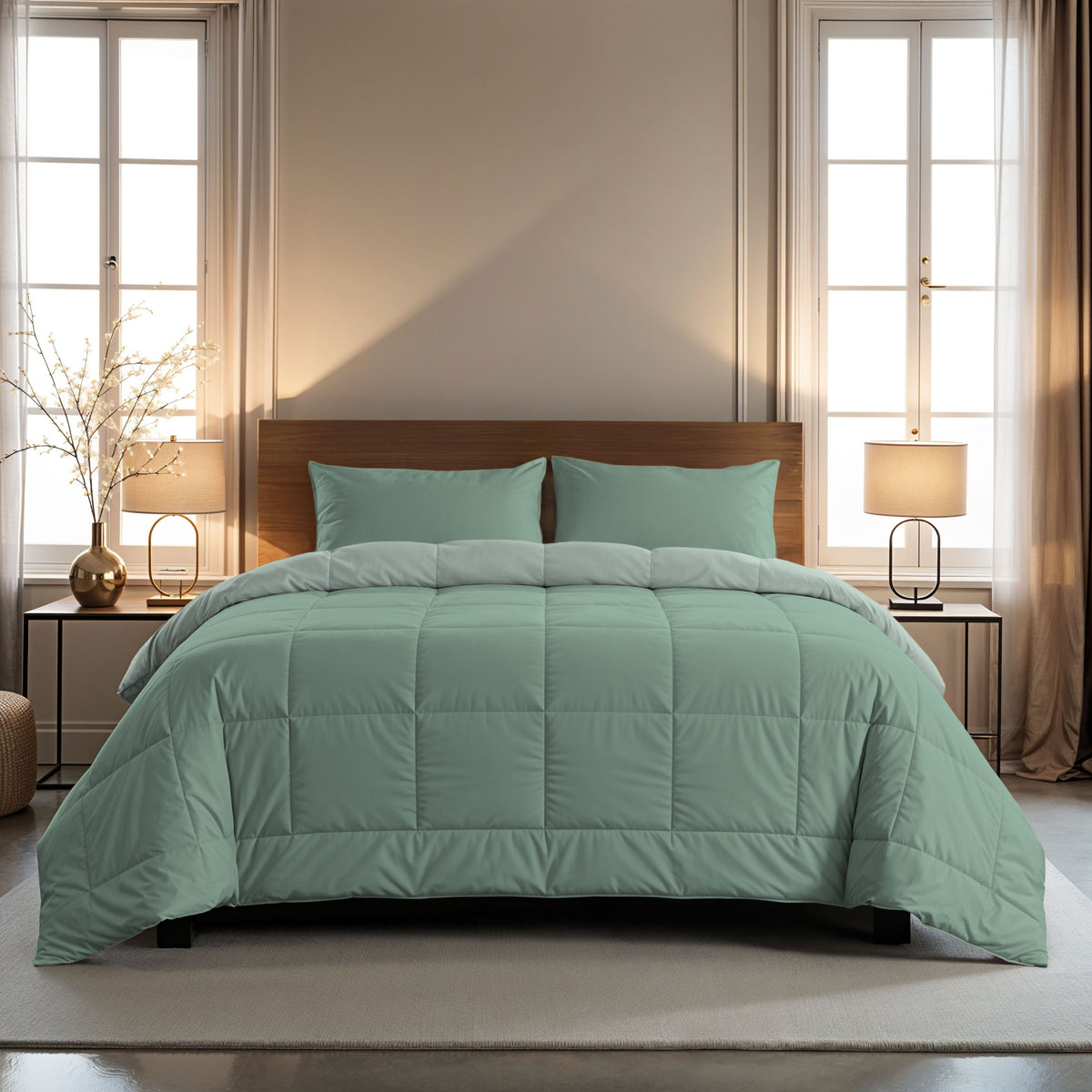 Ein ordentlich gemachtes Bett mit einer Zelesta Comfort Duo Bettdecke in mintgrün & hellgrün und Kissen, flankiert von Nachttischen mit Lampen, in einem hellen, modernen Schlafzimmer mit großen Fenstern.