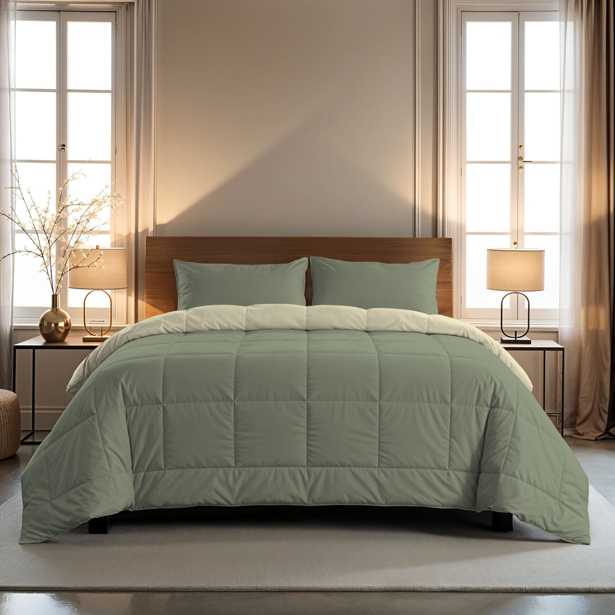 Ein ordentlich gemachtes Bett mit der Zelesta Comfort Duo Bettdecke in Olivgrün & Creme mit passenden Kissen in einem Schlafzimmer mit zwei Fenstern, Nachttischen und Tischlampen auf jeder Seite.