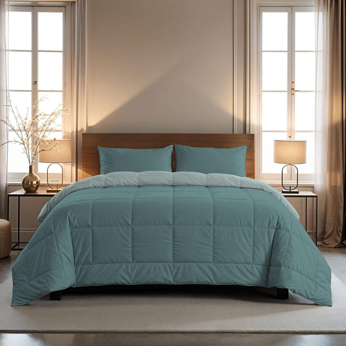 In der Mitte zwischen zwei hohen Fenstern mit hellen Vorhängen steht ein ordentlich gemachtes Bett mit einer tealfarbenen Bettdecke und passenden Zelesta Comfort Duo Kissenbezügen Set von 2 - Mineral (80x80cm), flankiert von Nachttischen mit Lampen.