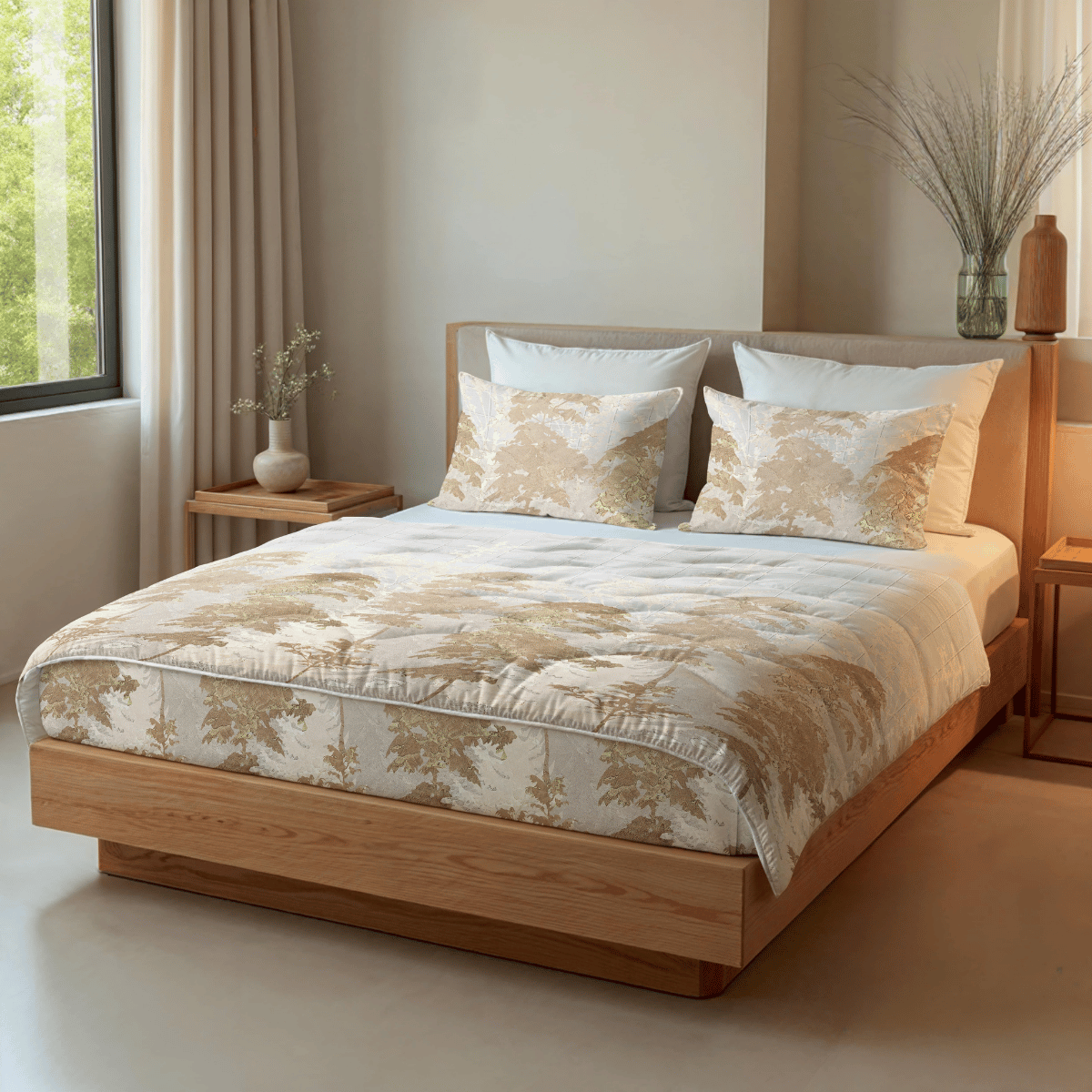 Ein helles, minimalistisches Schlafzimmer mit einem Zelesta Royalbed - Japanese Tree, beiger und weißer Bettwäsche, wärmeregulierender Bettdecke, zwei Kissen, Kissen, Holzrahmen, Nachttischen mit Vasen und einem von hellen Vorhängen eingerahmten Fenster.