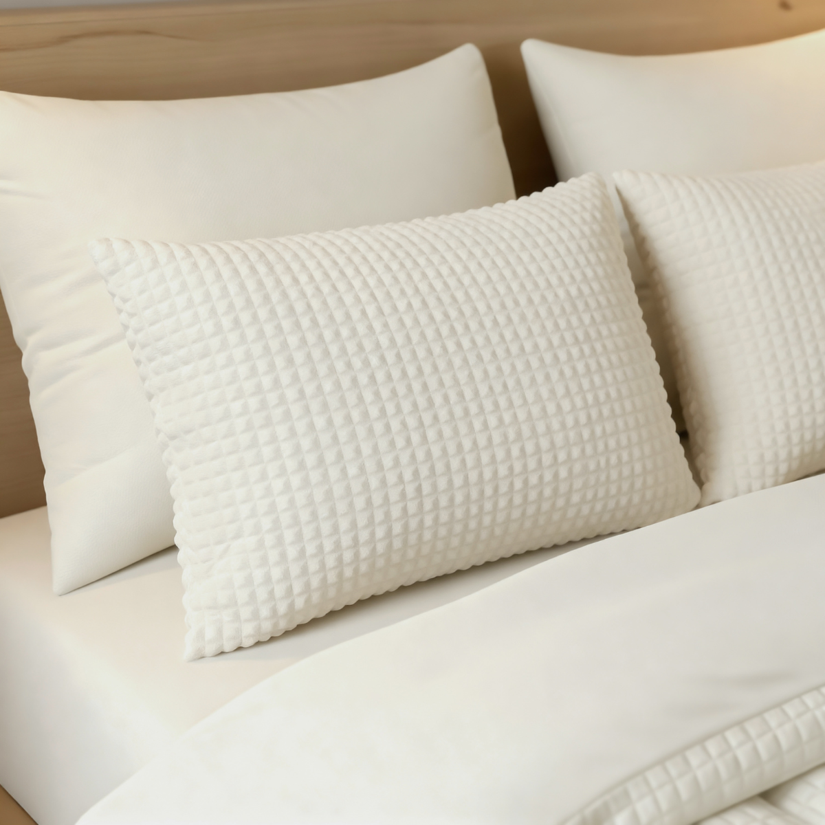 Drei weiße Zelesta Teddy Check Kissenbezüge - Creme (80x80cm, superweiche Mikrofaser) sind ordentlich auf einem Bett mit weißen Laken und einem hellen Holzkopfteil angeordnet.