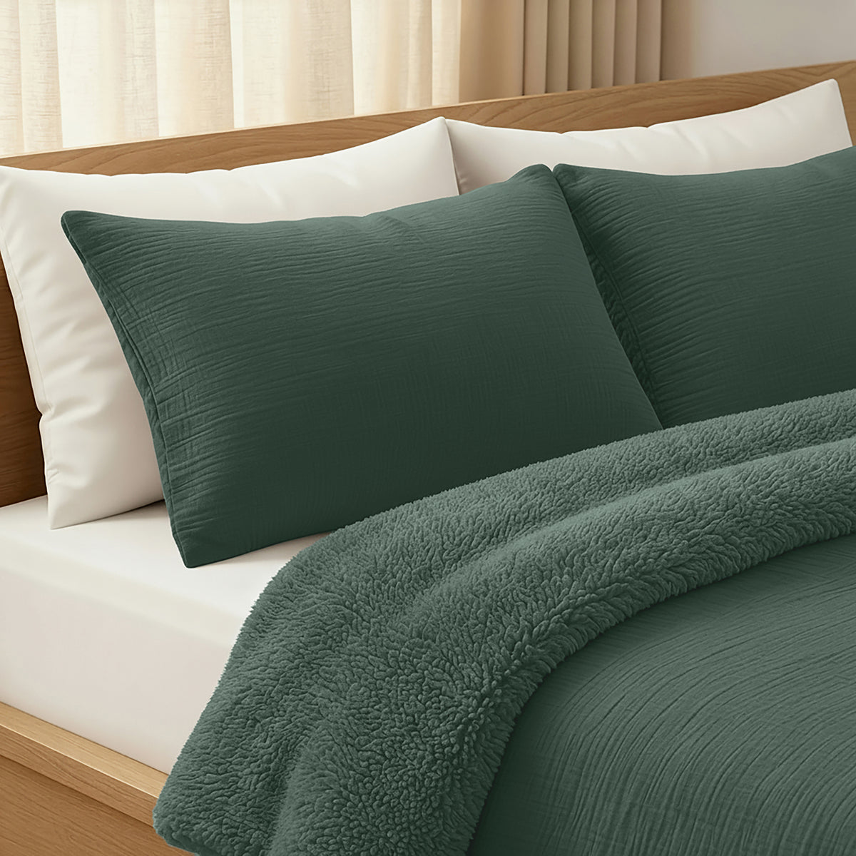 Ein ordentlich gemachtes Bett mit dunkelgrünen Kissen und einer passenden Zelesta Teddy Baumwolle Musselin - Green Bettdecke, vor einem hellen Holzkopfteil und cremefarbenen Vorhängen.