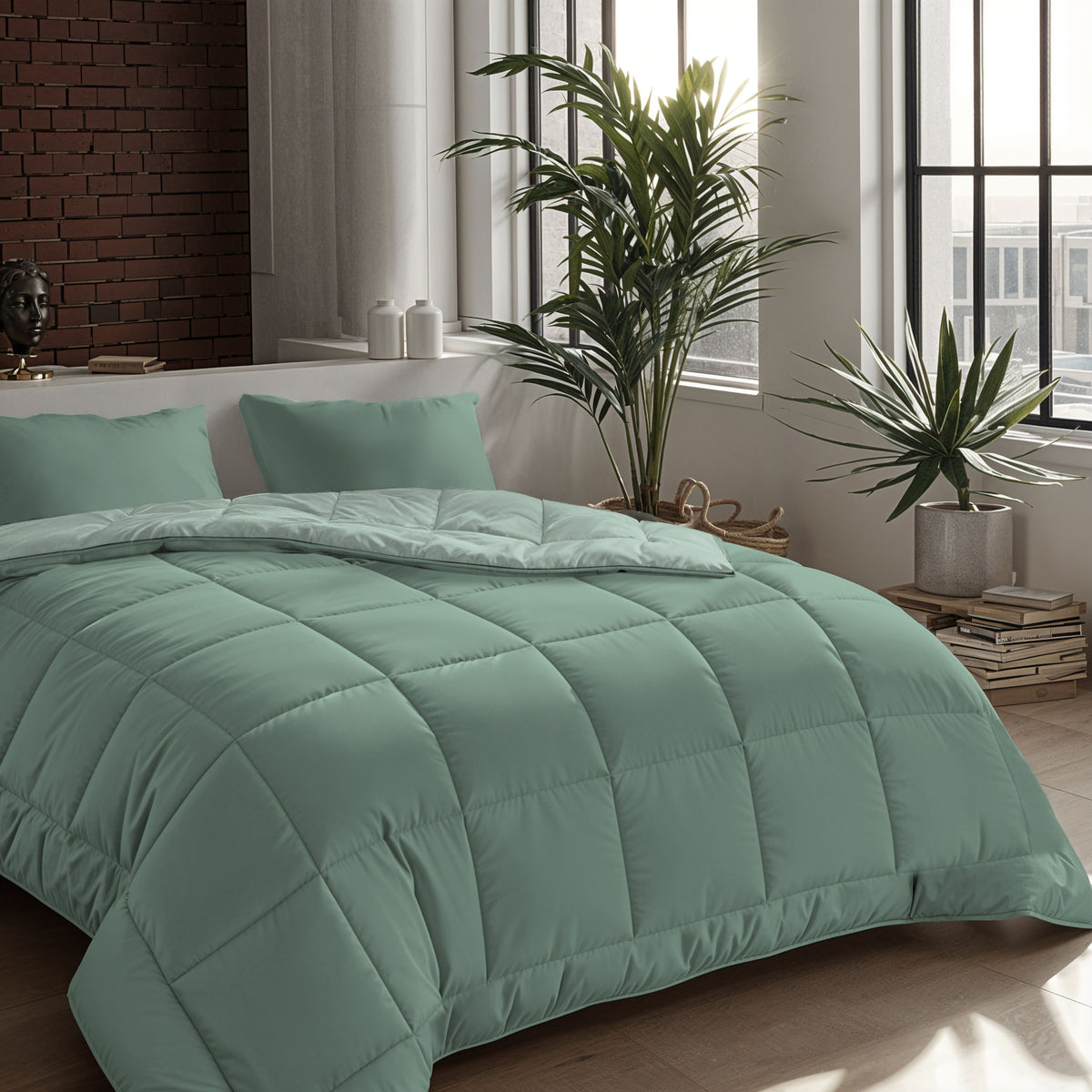 Ein ordentlich gemachtes Bett mit der mintgrünen & hellgrünen Zelesta Comfort Duo Bettdecke und Kissen in einem modernen Schlafzimmer mit großen Fenstern, Topfpflanzen und einer Akzentwand aus Backstein.
