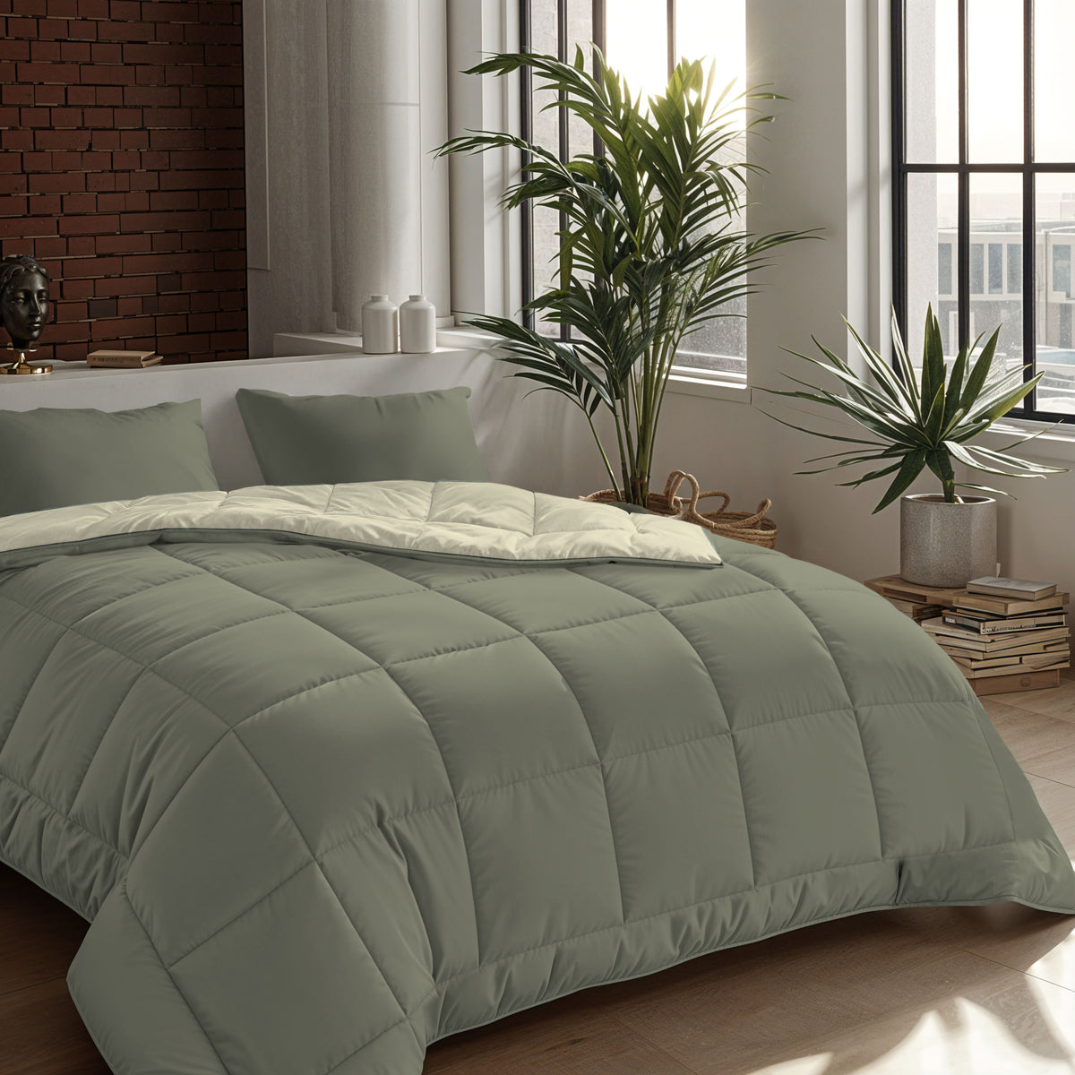 Ein ordentlich gemachtes Bett mit einer Zelesta Comfort Duo Bettdecke in olivgrün & creme und Kissen, in einem modernen Schlafzimmer mit großen Fenstern, Zimmerpflanzen und gestapelten Büchern auf dem Boden.