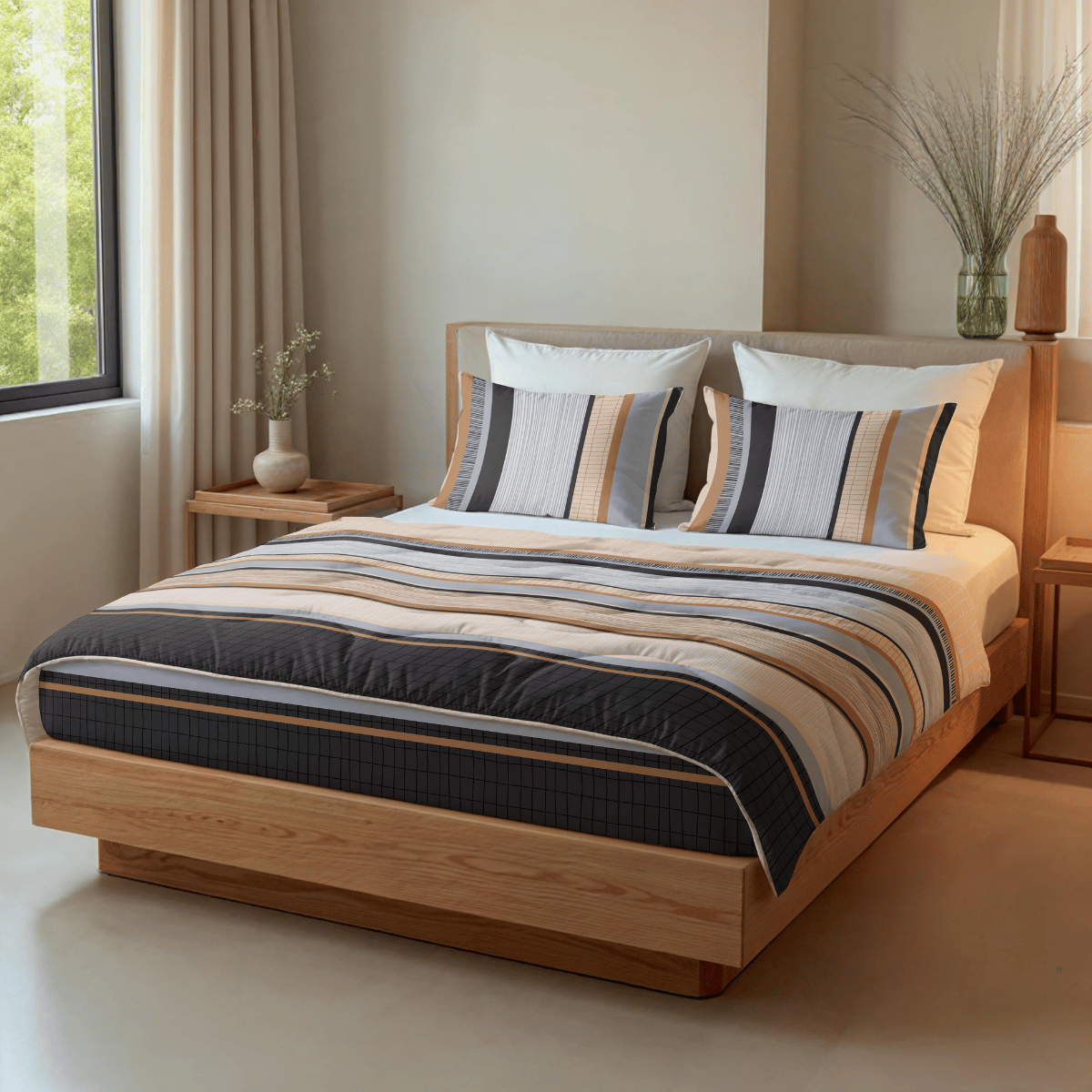 Ein ordentlich gemachtes Bett mit Zelesta Royalbed - Blue Stripes Bettwäsche in einem modernen, minimalistischen Schlafzimmer mit hellen Holzmöbeln, einem Fenster und Vasen mit getrockneten und frischen Pflanzen.
