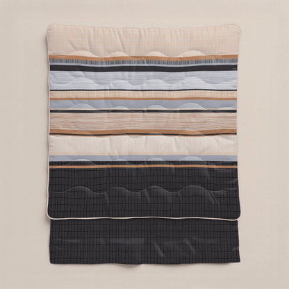 Die Zelesta Royalbed - Blue Stripes Bettdecke zeigt horizontale Streifen in Beige, Grau, Marine und Schwarz mit Wellensteppung und einem schmalen weißen Rand - diese Mikrofaser Bettdecke verspricht dauerhaften Komfort und wird vor einem unifarbenen Hintergrund gezeigt.