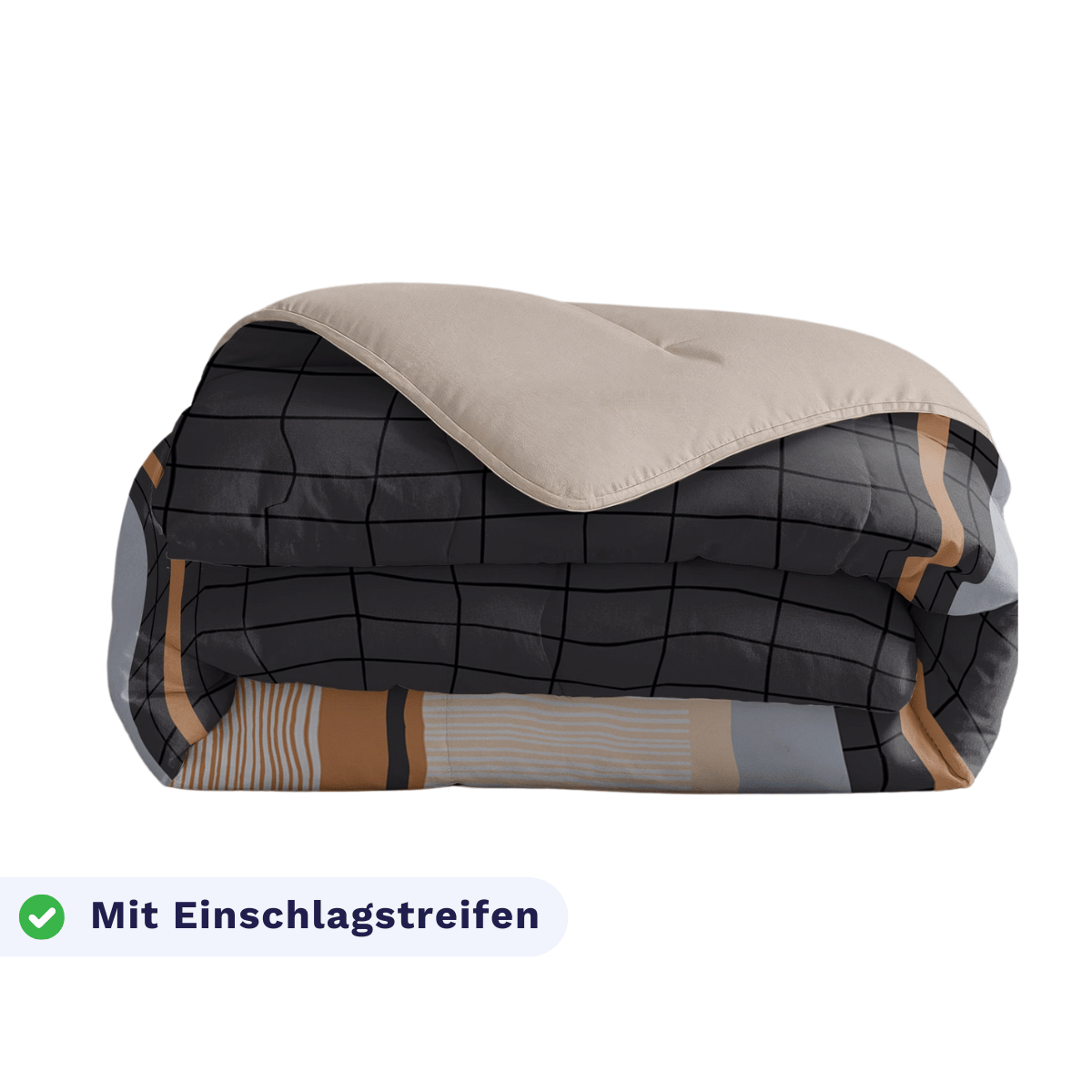Eine sauber gefaltete Bettdecke mit blauen Streifen und einer beigen Unterseite, beschriftet mit "Mit Einschlagstreifen" - das Zelesta Royalbed - Blue Stripes ist sowohl stilvoll als auch äußerst bequem.