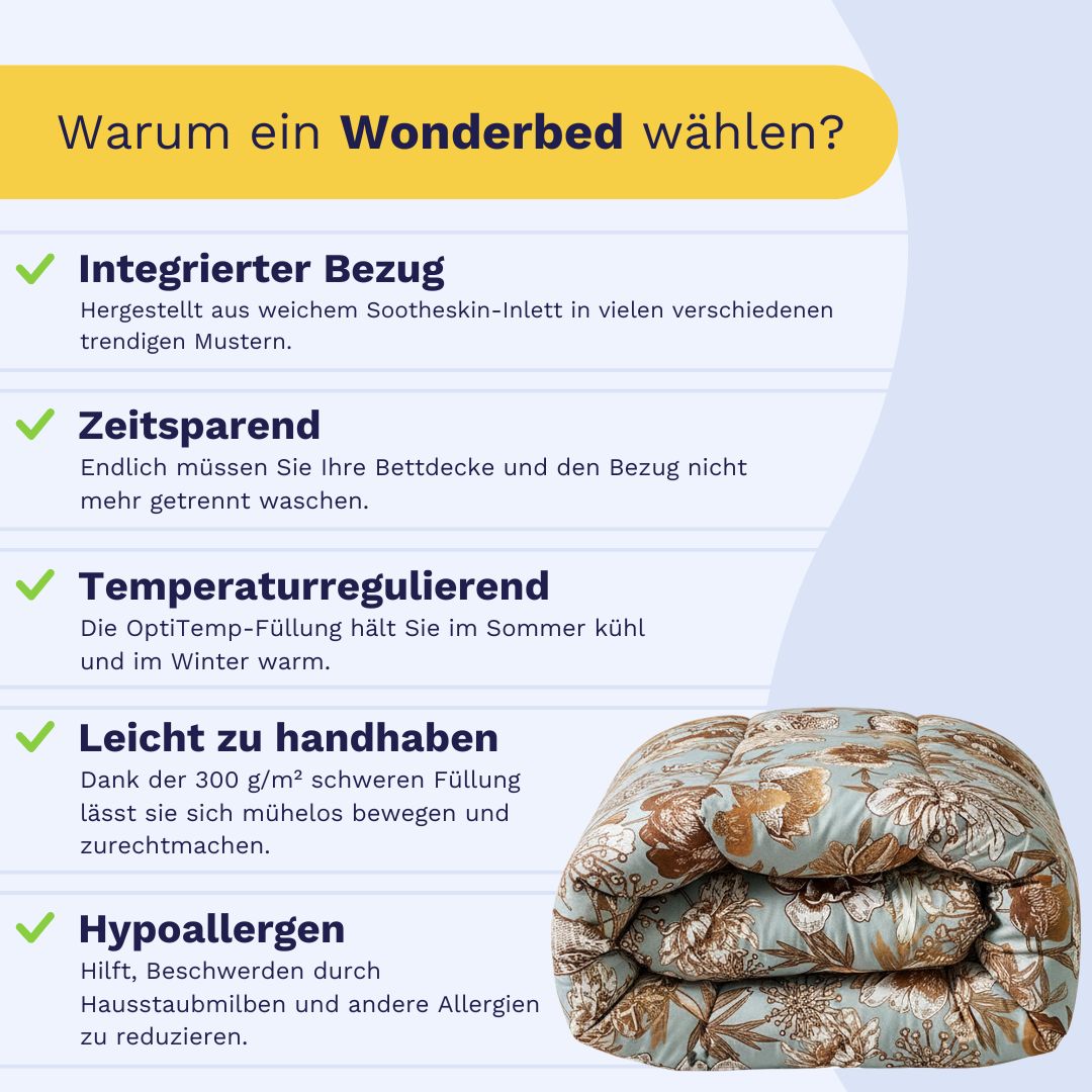 Die Infografik zeigt das Zelesta Wonderbed - Botanic Chique, eine Mikrofaser Bettdecke mit integriertem Bezug, zeitsparendem Design, Temperaturkontrolle, einfacher Handhabung und antiallergischen Eigenschaften - gefaltet in stilvoll gemusterter Bettwäsche.