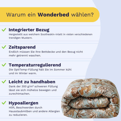 Die Infografik zeigt das Zelesta Wonderbed - Botanic Chique, eine Mikrofaser Bettdecke mit integriertem Bezug, zeitsparendem Design, Temperaturkontrolle, einfacher Handhabung und antiallergischen Eigenschaften - gefaltet in stilvoll gemusterter Bettwäsche.