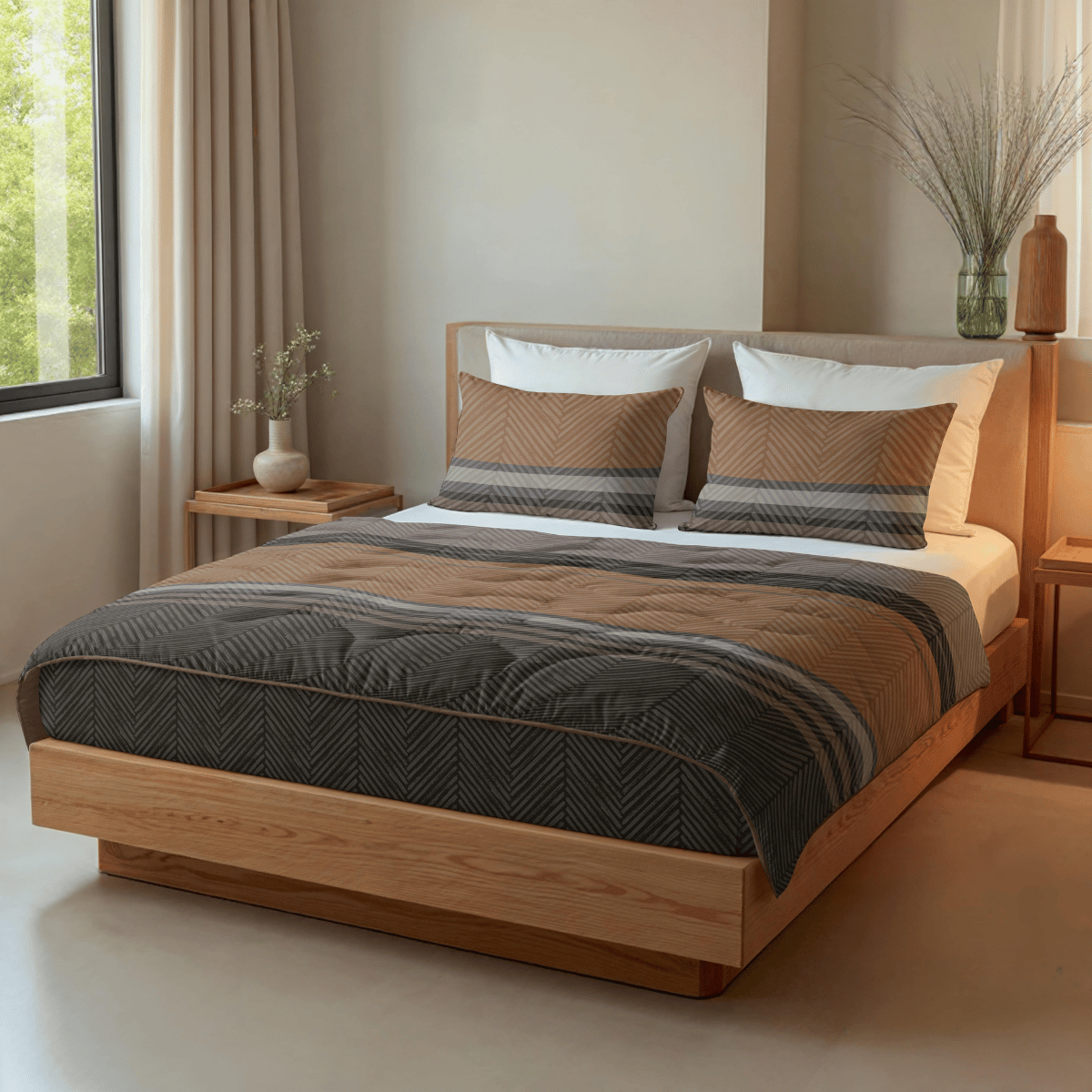 Ein Zelesta Royalbed - Brown Stripes mit braunem und dunkelgrauem Bettzeug, zwei weißen Kissen, einem Holzrahmen und einer antiallergischen Bettdecke steht zwischen Nachttischen mit Vasen in einem sanft beleuchteten Schlafzimmer.