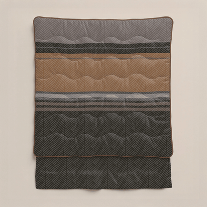 Die Zelesta Royalbed - Brown Stripes Mikrofaser Bettdecke ist gefaltet und zeigt horizontale schwarze, braune und graue Streifen mit einem dezenten Fischgrätmuster.