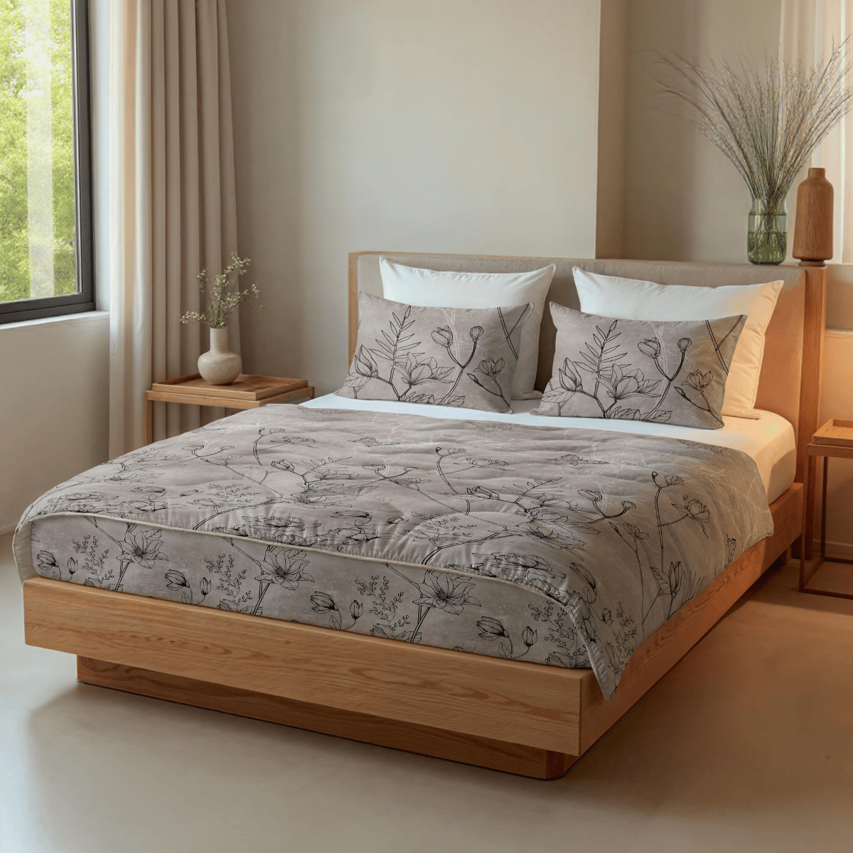 Ein ordentlich gemachtes Bett mit der Zelesta Royalbed - Butterfly Forest Bettwäsche mit einer Mikrofaser Bettdecke, zwei Kissen, minimalistischen Holzmöbeln und dekorativen Vasen in einem hellen Schlafzimmer mit einem Fenster.