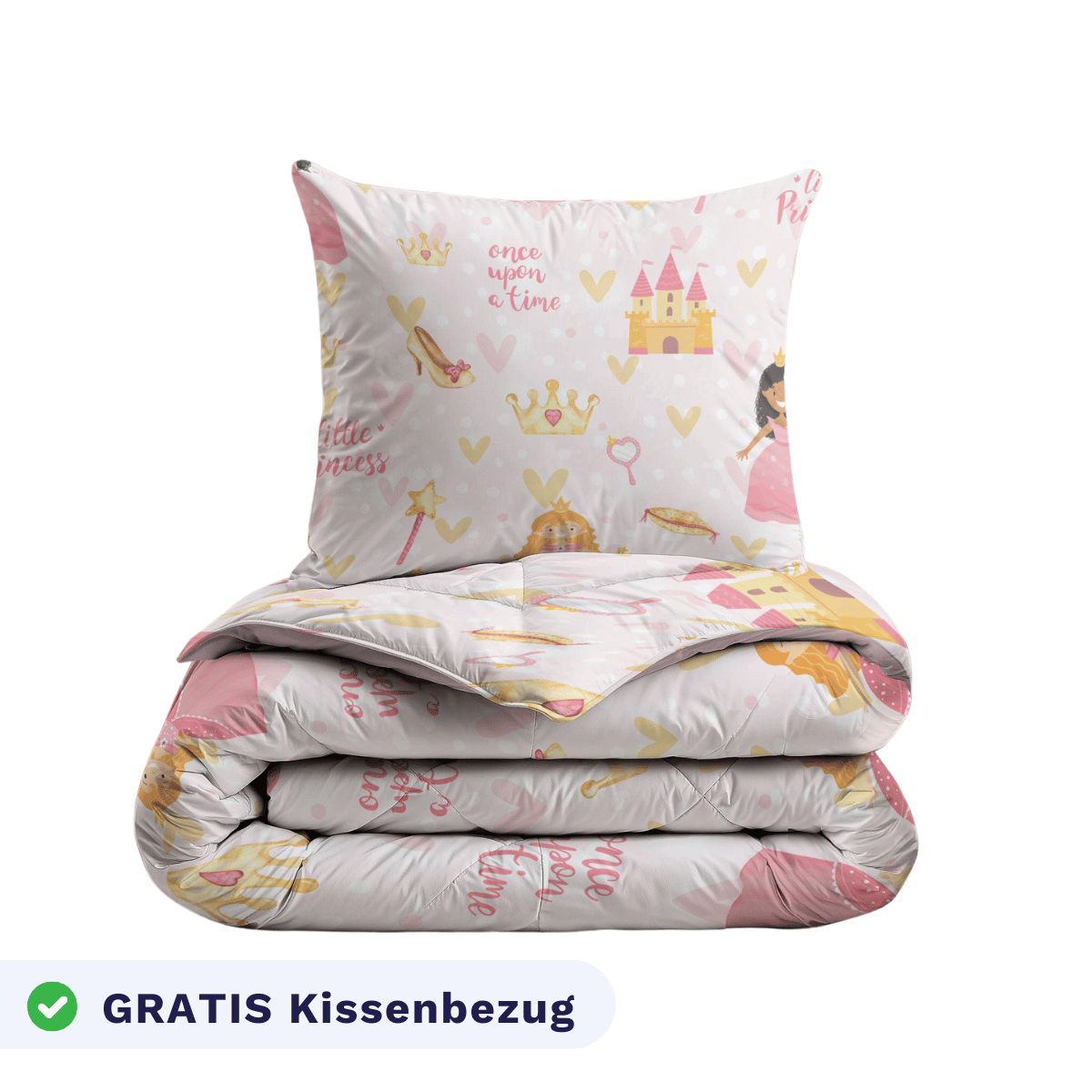 Das hypoallergene Kinderbett-Set "Zelesta Kiddybed - Princess" mit Märchen-Prinzessinnen-Motiv in Pink, Gelb und Weiß ist waschbar, enthält einen GRATIS Kissenbezug und eignet sich ideal für kleine Träumer.