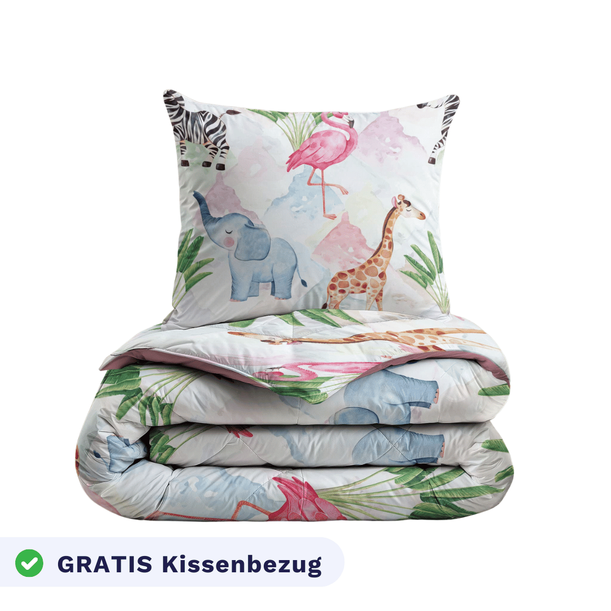 Das Zelesta Kiddybed - Colourful Animals Set enthält waschbare Bettdecke und Kissenbezug mit bunten Tiermotiven (Elefant, Giraffe, Flamingo, Zebra). Hypoallergen für Kinderbett. Text: GRATIS Kissenbezug.