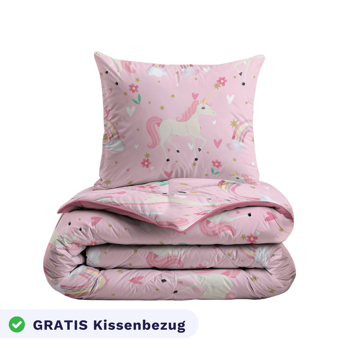 Das Zelesta Kiddybed - Rainbow Unicorn ist ein rosafarbenes Einhorn-Kinderbettwäsche-Set mit Regenbogen- und Herzmotiven, plus einem kostenlosen Kissenbezug. Das Set ist waschbar und perfekt für Kinder.
