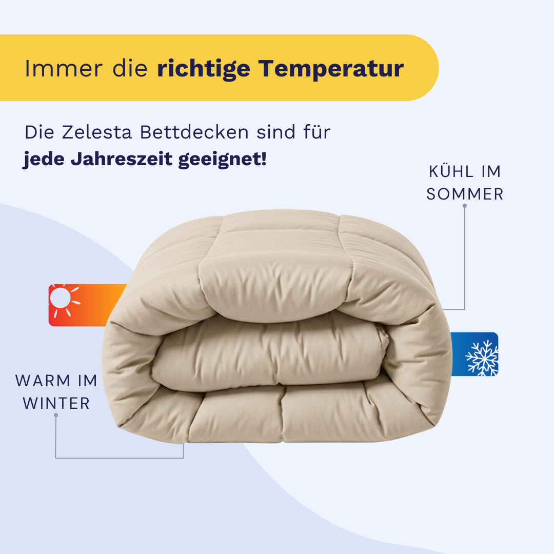 Zelesta Wonderbed Baumwolle - Desert Sand, gefaltet; Icons zeigen warm im Winter, kühl im Sommer. Der deutsche Text betont die ganzjährige Nutzung - waschbare Bettdecke, perfekt für Allergiker geeignet.