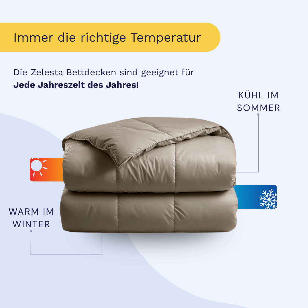Abgebildet ist eine gefaltete Zelesta Satinbed Baumwolle - Beautiful Brown Bettdecke mit Eco-Daunenfüllung mit Symbolen für Winterwärme und Sommerkühle sowie einem deutschen Text, der die Ganzjahrestauglichkeit hervorhebt.