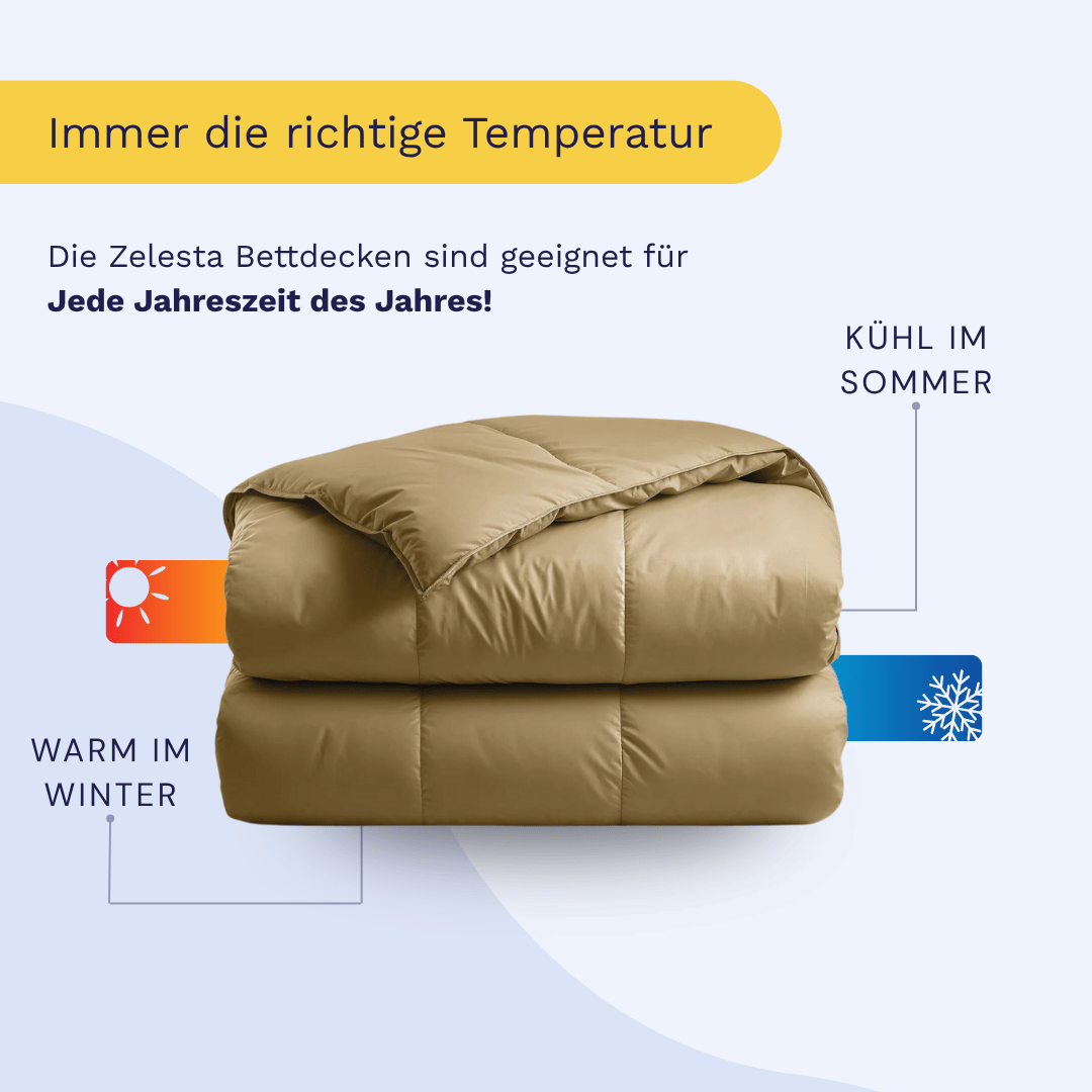 Zelesta Satinbett Baumwolle - Original Oker: Diese beigefarbene Ganzjahresdecke wärmt im Winter und kühlt im Sommer und bietet das ganze Jahr über luxuriösen Komfort.