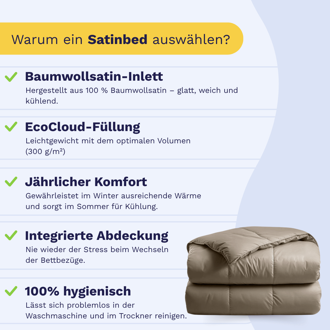 Infografik zum Zelesta Satinbed Baumwolle - Beautiful Brown: luxuriöse Bettdecke mit Baumwollsatinbezug, Öko-Daunenfüllung, ganzjährigem Komfort, integriertem Bezug und hoher Hygiene; mit Abbildung der gefalteten Bettdecke.