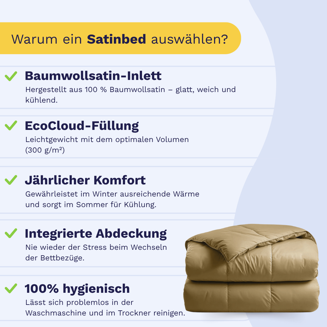 Die Infografik hebt das Zelesta Satinbett Baumwolle - Original Oker hervor: Baumwollsatin-Bezug, EcoCloud-Füllung, ganzjähriger Komfort, integrierter Bezug und 100% Hygiene. Die Abbildung zeigt eine gefaltete beigefarbene Satin-Bettdecke.
