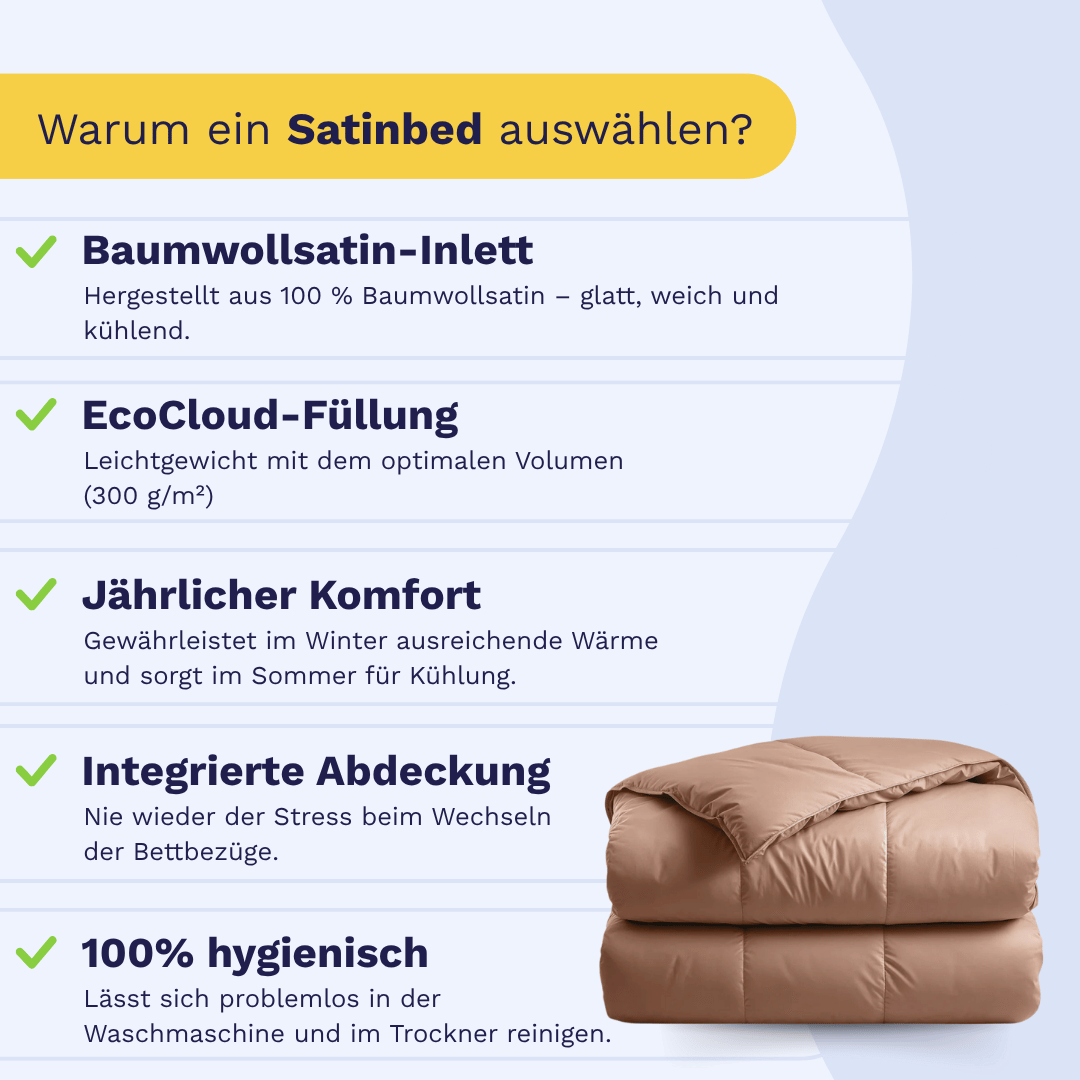 Infografik mit den Vorteilen des Zelesta Satinbed Baumwolle - Timeless Terra: Baumwollsatinbezug, Öko-Daunenfüllung, ganzjähriger Komfort, integrierter Bezug und hohe Hygiene; mit Abbildung einer gefalteten beigen Bettdecke.