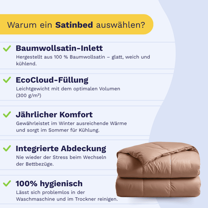 Infografik mit den Vorteilen des Zelesta Satinbed Baumwolle - Timeless Terra: Baumwollsatinbezug, Öko-Daunenfüllung, ganzjähriger Komfort, integrierter Bezug und hohe Hygiene; mit Abbildung einer gefalteten beigen Bettdecke.