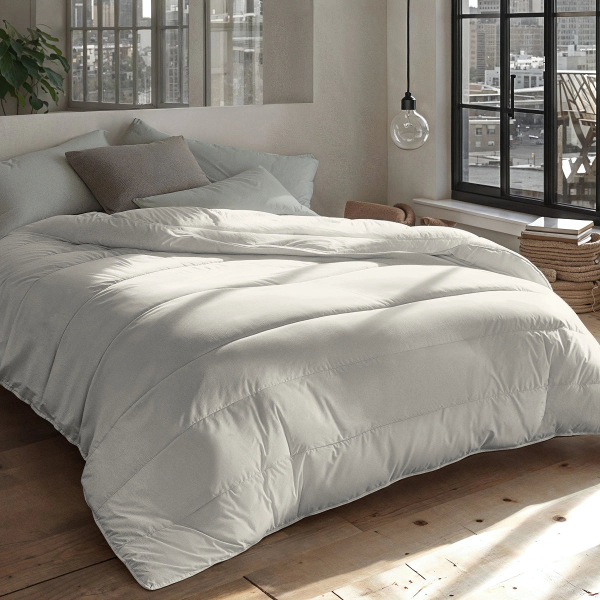 Ein ordentlich gemachtes Bett mit einer cremefarbenen Zelesta Everyday Uni Bettdecke und mehreren Kissen steht in einem modernen Schlafzimmer mit großen Fenstern und Blick auf die Stadt.