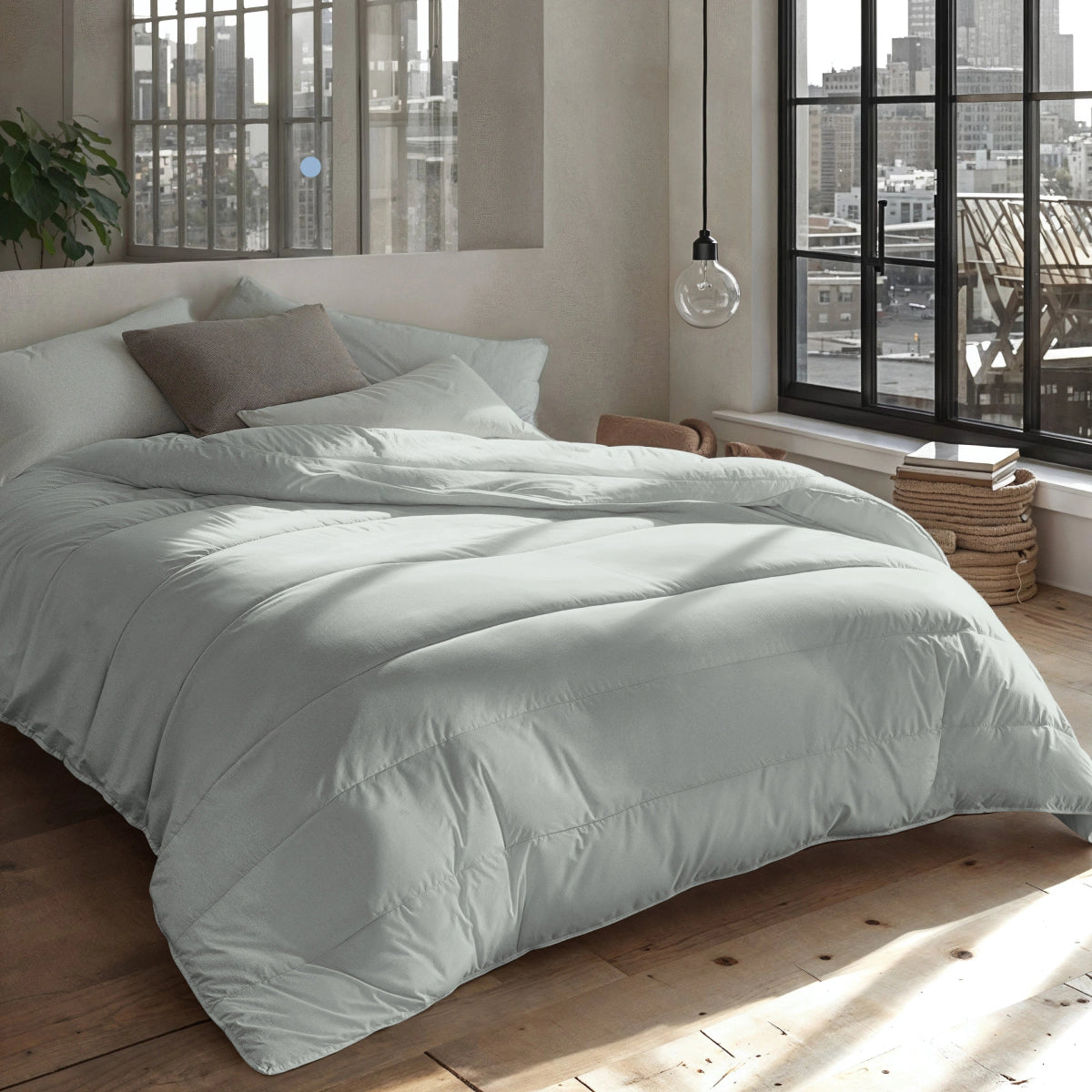 Ein ordentlich gemachtes Bett mit einer Zelesta Everyday Uni Bettdecke in Nebelgrün und hellgrauer Bettwäsche steht neben großen Fenstern in einem modernen, sonnendurchfluteten Schlafzimmer mit Holzböden und Stadtblick.