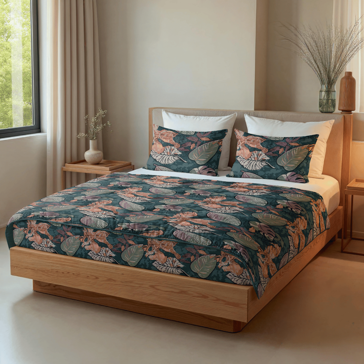 Ein hübsch gemachtes Bett mit dem Zelesta Royalbed - Flower Power mit geblümter Bettwäsche und Kissen, ein Holzrahmen, Nachttische, Vasen und ein großes Fenster mit Vorhängen erhellen dieses moderne Schlafzimmer.