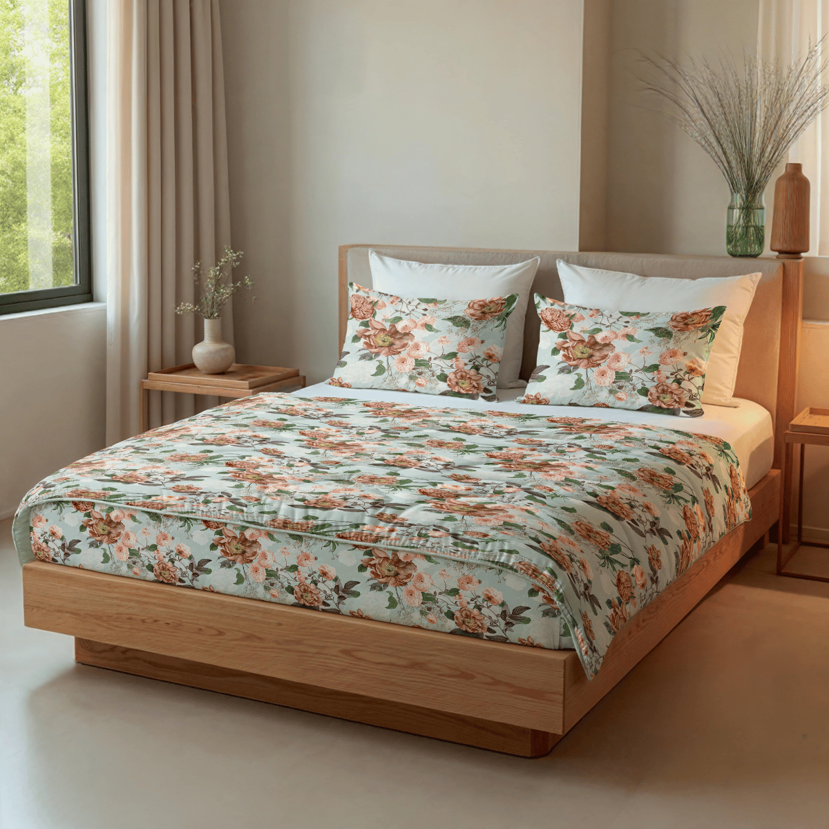 Ein ordentlich gemachtes Bett mit Zelesta Royalbed - Happy Flower Bettwäsche und Kissen, in einem hellen Schlafzimmer mit Holzmöbeln, einem Fenster und Vasen auf den Nachttischen.