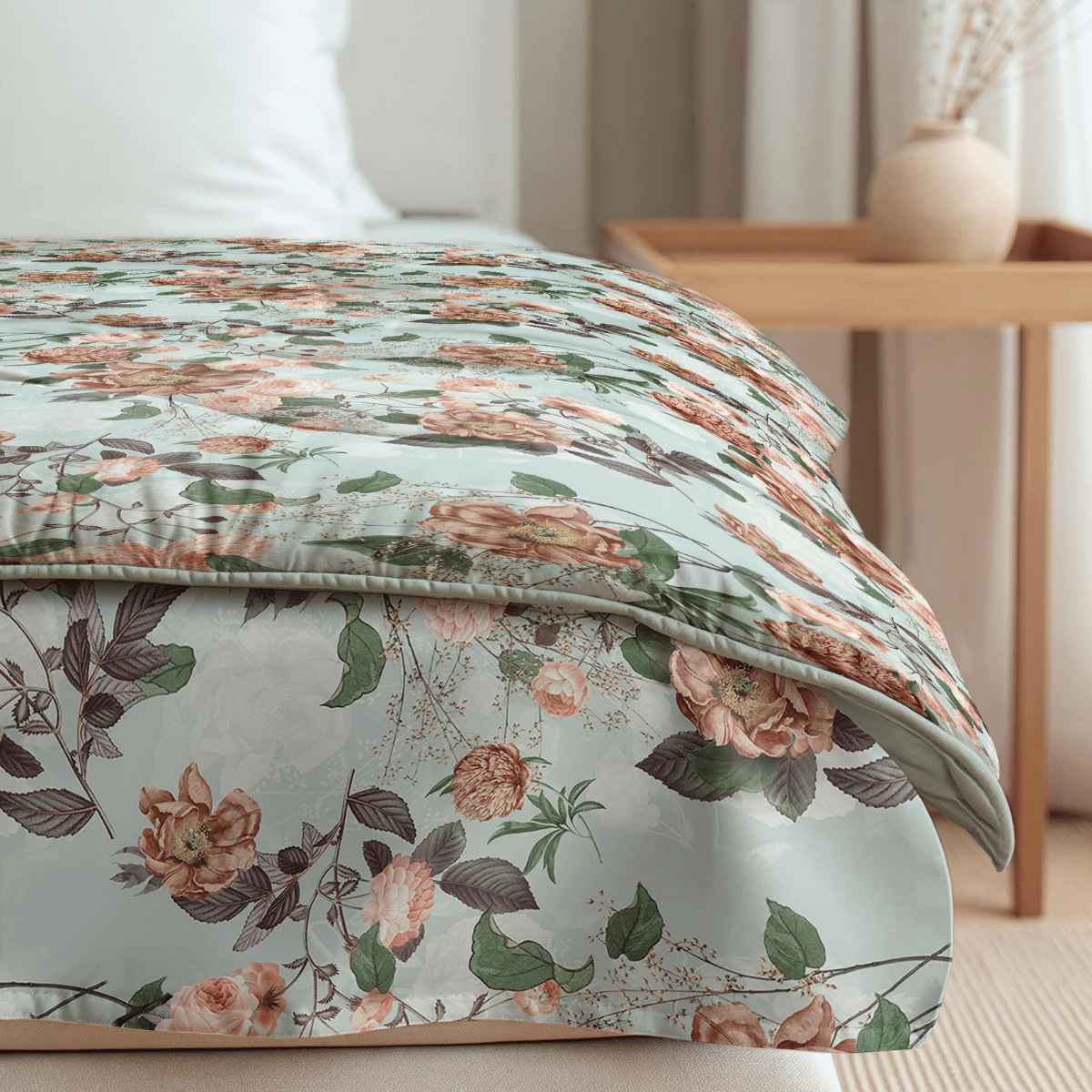 Ein ordentlich gemachtes Bett mit einer pastellfarbenen Blumendecke von Zelesta Royalbed - Happy Flower steht neben einem hölzernen Beistelltisch mit einer beigen Vase, die mit Trockenblumen gefüllt ist.