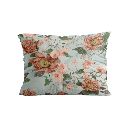 Zelesta Royalbed Kissenbezüge Set von 2 - Happy Flower: Rechteckig, 80x80cm, Mikrofaser, hellblauer Hintergrund mit floralen Mustern aus großen pinken und braunen Blumen sowie grünen Blättern.