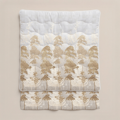 Die Zelesta Royalbed - Japanese Tree Mikrofaser Bettdecke zeichnet sich durch einen gewellten oberen Rand und ein subtiles Baummuster in Beige- und Grautönen aus, das sich schön vor einem schlichten hellen Hintergrund abhebt.