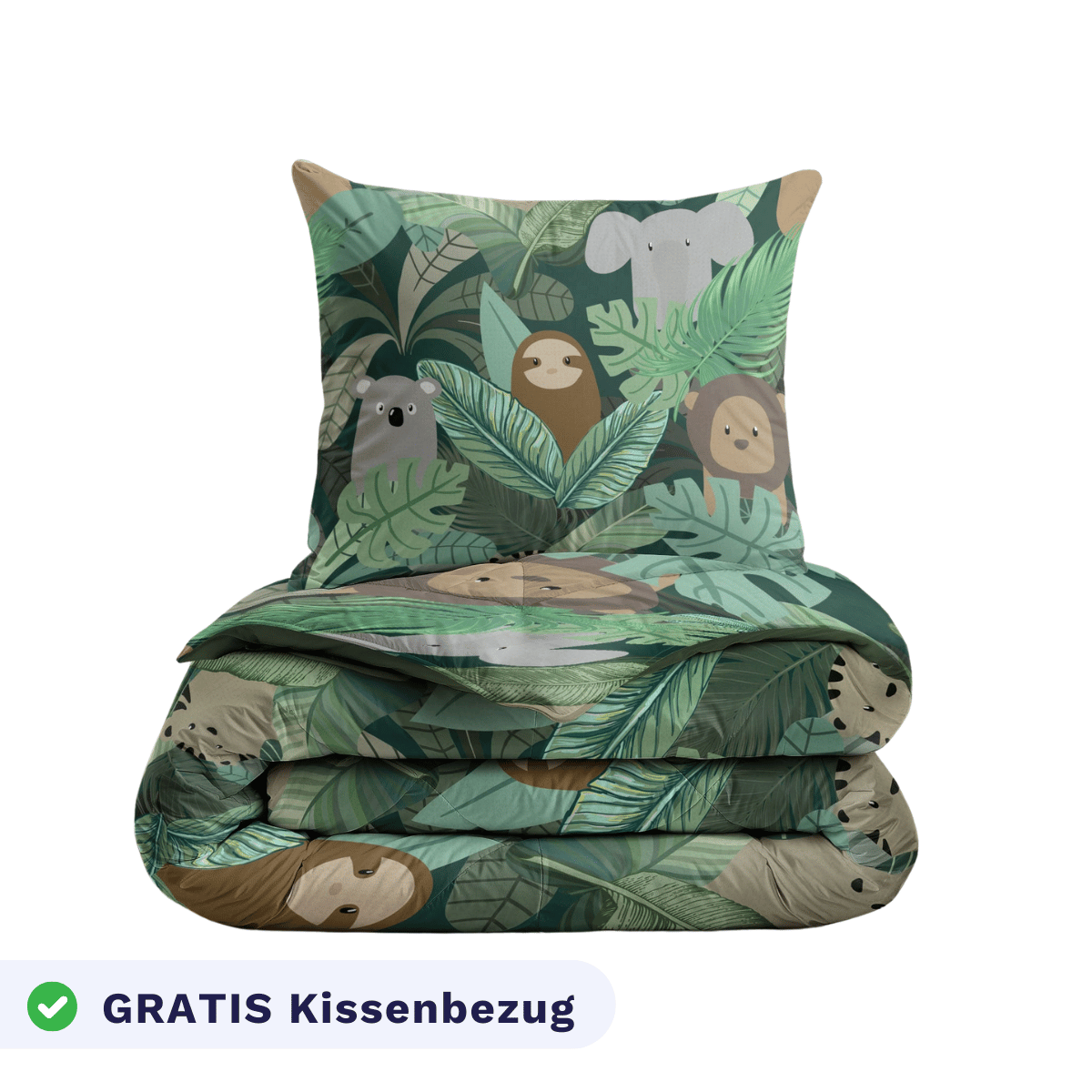 Das Zelesta Kiddybed - Jungle Fantasy ist ein grünes Kinderbettwäsche-Set mit Dschungeltier- und Blattmustern, einem hypoallergenen, waschmaschinenfesten Design und einem kostenlosen Kissenbezug mit Faultier-, Koala- und Affengesicht.