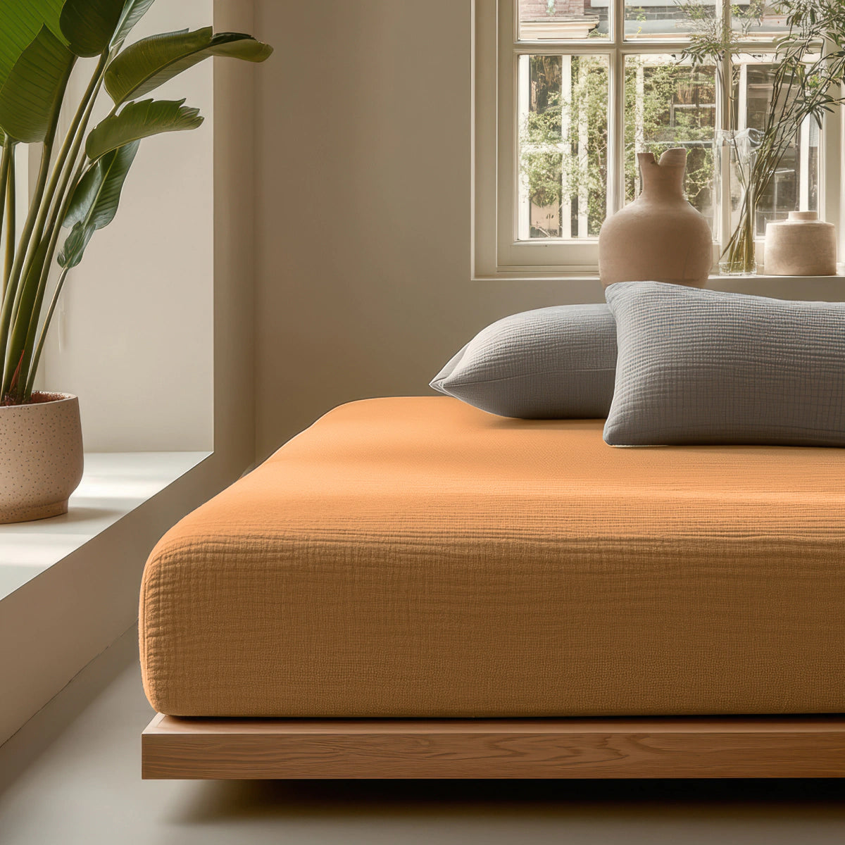 Ein modernes Schlafzimmer mit einem niedrigen Holzbettgestell, einer orangefarbenen Tagesdecke, grauen Kissen, Musselin Spannbettlaken - Taupe, einer großen Topfpflanze und einem Fenster, das natürliches Licht hereinlässt.