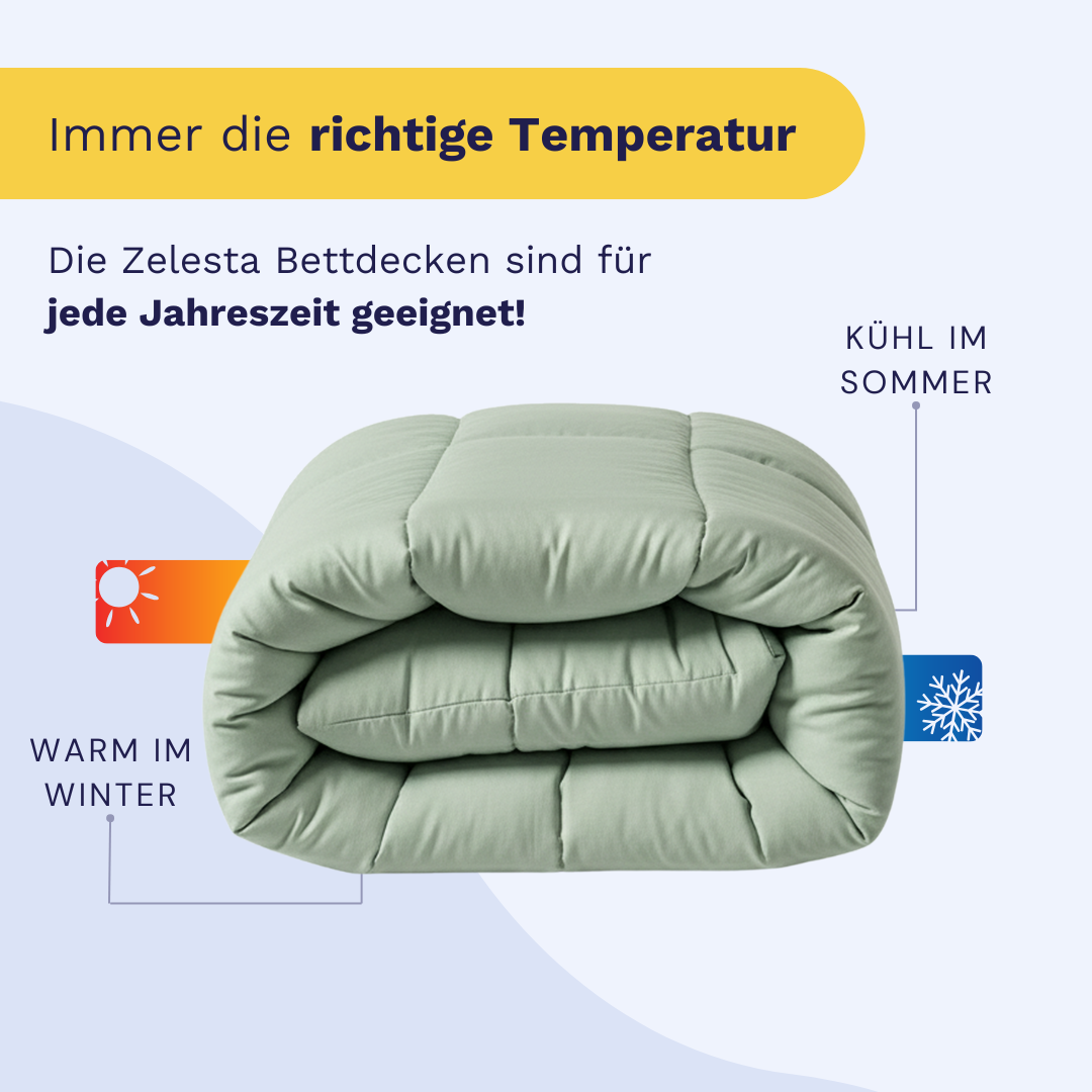 Die Zelesta Wonderbed Baumwolle - Natural Green Bettdecke ist antiallergisch, temperaturregulierend und für alle Jahreszeiten geeignet; sie hält im Winter warm und im Sommer kühl. Deutsche Beschriftungen heben diese Vorteile hervor.