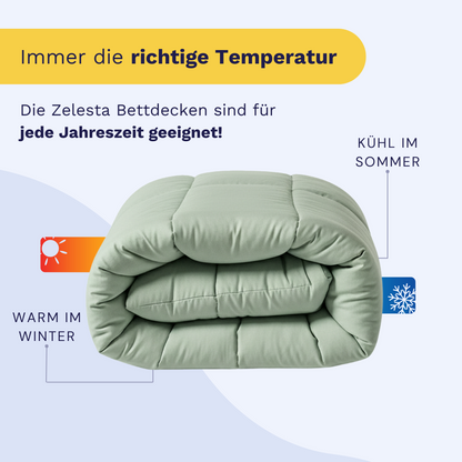 Die Zelesta Wonderbed Baumwolle - Natural Green Bettdecke ist antiallergisch, temperaturregulierend und für alle Jahreszeiten geeignet; sie hält im Winter warm und im Sommer kühl. Deutsche Beschriftungen heben diese Vorteile hervor.