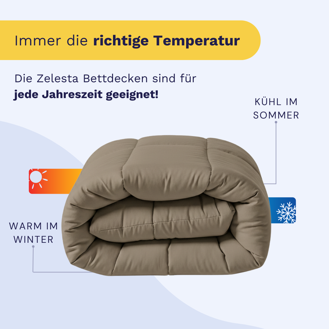 Eine gefaltete Bettdecke, das Zelesta Wonderbed - Natural Taupe, wird mit einem Text gezeigt, der den ganzjährigen Komfort hervorhebt - sie hält Sie im Winter warm und im Sommer kühl - und ihr antiallergisches Design für alle Jahreszeiten.