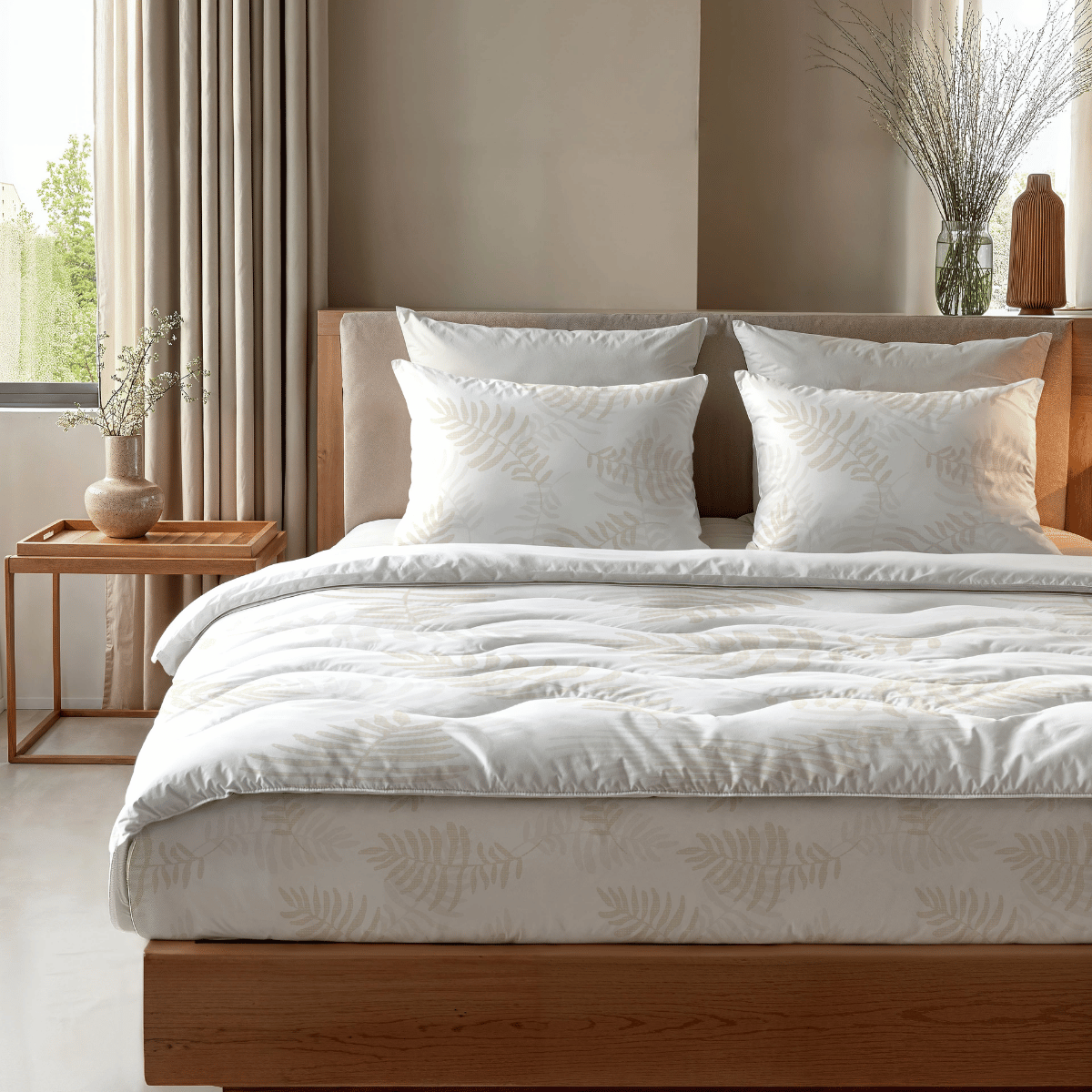 Minimalistisches Schlafzimmer mit einem ordentlich gemachten Bett mit weißer Bettwäsche und Kissen, ergänzt durch ein Zelesta Royalbed - Oak Leafs. Ein hölzerner Beistelltisch mit einer Vase und neutrale Wände werden durch das Fenster in natürliches Licht getaucht.