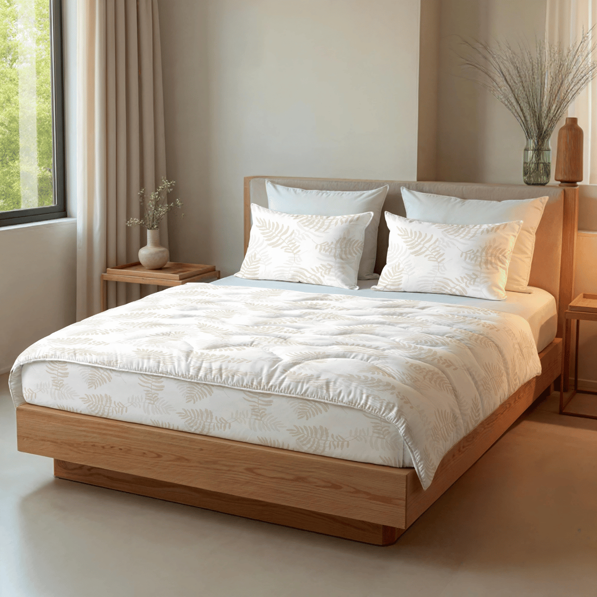 Ein ordentlich gemachtes Bett mit dem Zelesta Royalbed - Oak Leafs Bettwäscheset und der Mikrofaser Bettdecke, mit zwei Kissen und einem Holzrahmen, aufgestellt an einem Fenster mit hellen Vorhängen und minimalistischem Dekor.